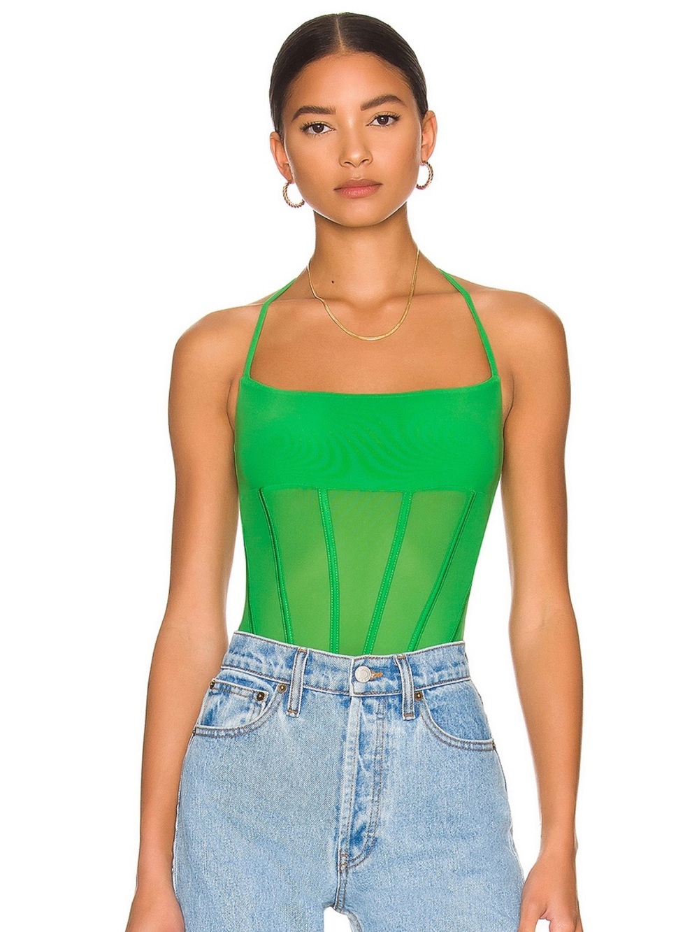 MAJORELLE Green Halter Mesh Corset Bodysuit
